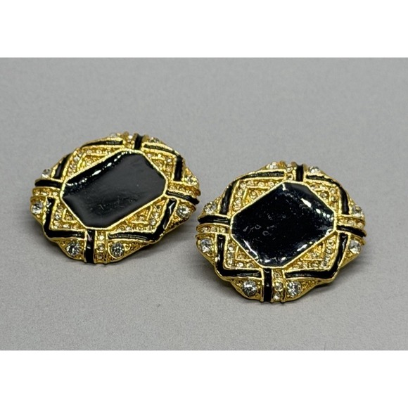 The Unbranded Brand Jewelry - Vintage Gold Tone Black Enamel Center Clear Rhinestone Panel Design Clip On